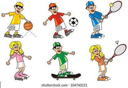 happy kids and sport, sports disciplines vector icon, set, collection