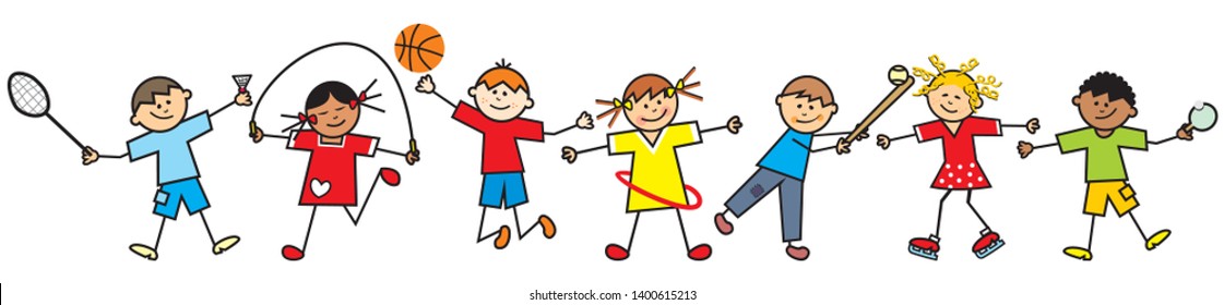 Happy kids and sports equipment, funny vector illustration