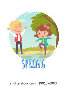 Happy kids in spring. Children in warm weather having fun outdoor vector illustration. Girl jumping in boots in puddle, boy laughing with arms up in park. Tree and blue sky background.