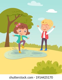 Happy kids in spring. Children in warm weather having fun outdoor vector illustration. Girl jumping in boots in puddle, boy laughing with arms up in park. Tree and blue sky background.