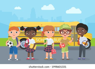 Happy Kids Stand On Road In Front Of School Bus Vector Illustration. Cartoon Young Schoolbus Passengers Travel To Study, Girl Boy Child Holding Ball, School Bag And Book, Children Go For Knowledge