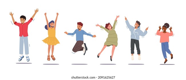 Niños felices parados en fila bailando y saltando aislados de fondo blanco. Los niños pequeños se alegran de las vacaciones o fiestas de verano. Diversión divertida de chicos y chicas. Ilustración de vectores de personas de caricatura