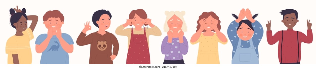 Happy kids stand, tease and laugh set vector illustration. Cartoon cute small children presenting joke and fun silly gestures, adorable boys and girls smile isolated on white. Expression concept