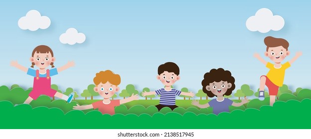 happy kids standing behind the bushes in paper cut style, horizontal banner with Happy Children’s day Template background, advertising brochure, your text, Funny cartoon isolated vector Illustration