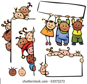 Happy kids standing by white blanks