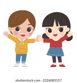 Happy Kids standing and shaking hands. Happy kids best friends.