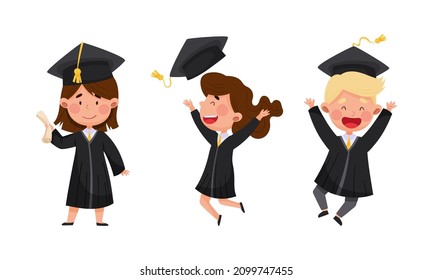 Happy kids students in graduation gown and cap jumping happily at graduation ceremony vector illustration