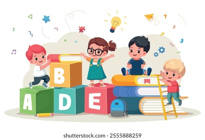 Happy kids study together early development and kids education banner