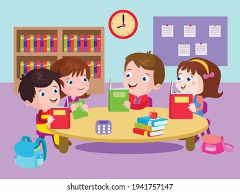 Happy Kids Studying Together Library Cartoon Stock Vector (Royalty Free ...