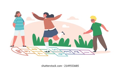 Happy Kids Summer Vacation Activity, Children Play Hopscotch Game at House Yard. Boys and Girls Friends Characters Spend Time Together on Playground. Cartoon People Vector Illustration