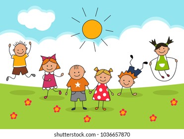 Happy kids and sunny day. Illustration in doodle and cartoon style. Vector. EPS 8