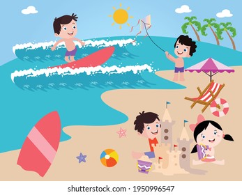 Happy kids surfing and playing at beach vector concept for banner, website, illustration, landing page, flyer, etc.