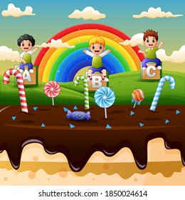 Happy kids in a sweet land illustration