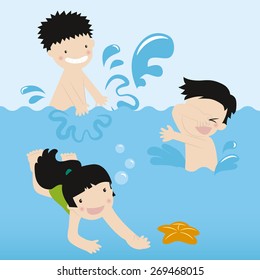 happy kids swimming and diving in the blue sea