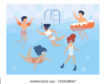 Happy kids swimming in pool. Children in swimwear enjoying bathing in water, diving, floating with inflatable ring. Can be used for swimming class, vacation, summer activity with friends concept