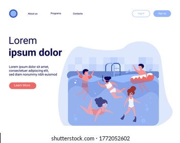 Happy kids swimming in pool. Children in swimwear enjoying bathing in water, diving, floating with inflatable ring. Can be used for swimming class, vacation, summer activity with friends concept