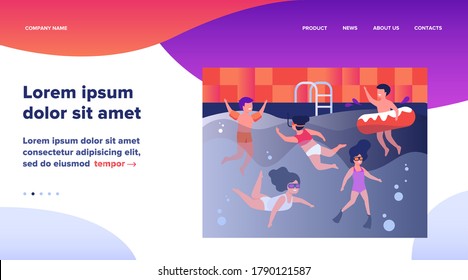 Happy kids swimming in pool. Children in swimwear enjoying bathing in water, diving, floating with inflatable ring. Can be used for swimming class, vacation, summer activity with friends concept