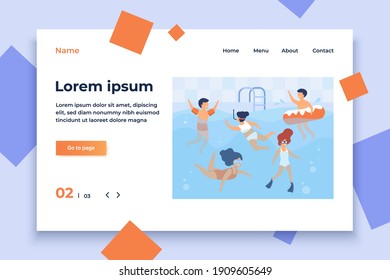 Happy kids swimming in pool. Children in swimwear enjoying bathing in water, diving, floating with inflatable ring. Can be used for swimming class, vacation, summer activity with friends concept