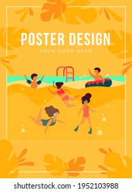Happy kids swimming in pool. Children in swimwear enjoying bathing in water, diving, floating with inflatable ring. Can be used for swimming class, vacation, summer activity with friends concept