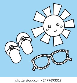 Happy Kids Swimming Time Holiday Beach Cartoon Digital Stamp Outline