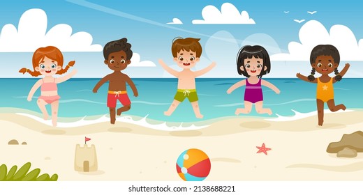 Happy kids in swimsuit jumping on the beach. Cartoon children playing on the sea coast. Summer set of diverse toddlers on vacation.