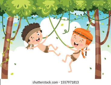 Happy Kids Swinging With Root Rope In Jungle