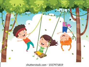 Happy Kids Swinging With Root Rope In Jungle