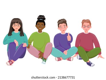 Happy kids teenagers of different nationalities sit side by side.Various preteen or teen kids. Active classmates or schoolchildren having fun. Flat vector illustration isolated on white