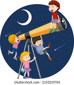 Happy Kids And Telescope Night Illustration