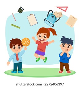Happy kids throwing school supplies in air vector illustration. Cartoon drawing of smiling schoolchildren excited for holidays. School holidays, childhood, tourism, leisure, entertainment concept