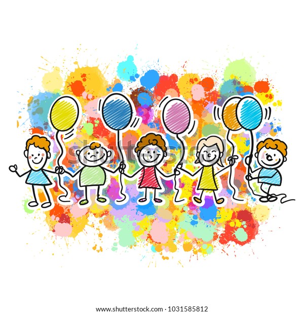 Vector De Stock Libre De Regalias Sobre Ninos Felices Juntos Con Globos Dibujos1031585812