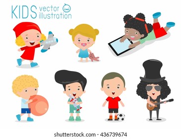 happy kids with toys, children play with toys, cute kids playing with toys, child with toys,kids at playground on white background, Happy children playing, kids time, kid toys, child toy, Illustration