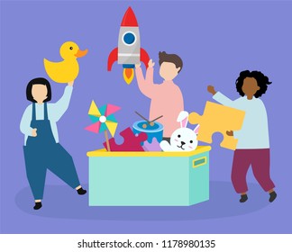 Happy kids with toys illustration