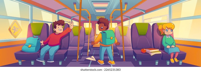 Niños felices viajan dentro del autobús escolar amarillo. Dibujo vectorial de niños de dibujos animados contemporáneos con mochilas, libros, aperitivos. Niño saludando a una amiga, chica mirando por la ventana, divirtiéndose en el viaje