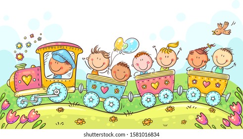 Happy Kids travelling by train, multicolor vector illustration