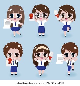 happy kids in uniform cloths holding certificates ribbons collection isolated eps10 vector illustration