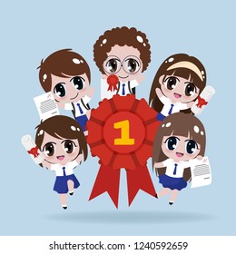 happy kids in uniform cloths holding certificates ribbon collection isolated eps10 vector illustration