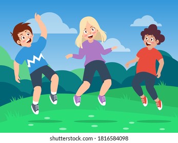 happy kids with various genders jumping on the field, cartoon vector illustration