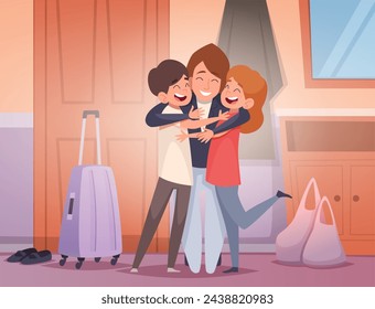 Happy kids. Vector cartoon background family hugging kids and parents exact illustration template