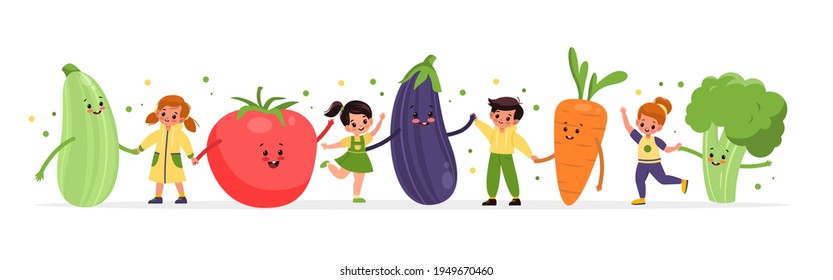 Happy kids with vegetables. Smiling girls and boys dance with big vegetables, children playing with humanized snacks. Healthy vitamin food vector cartoon isolated horizontal concept