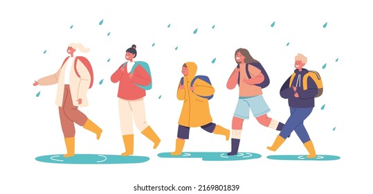 Happy Kids Walk under Rain Without Umbrella, Little Boys and Girls Characters in Warm Clothes with Backpacks Walking by Puddles at Rainy Weather to School. Cartoon People Vector Illustration