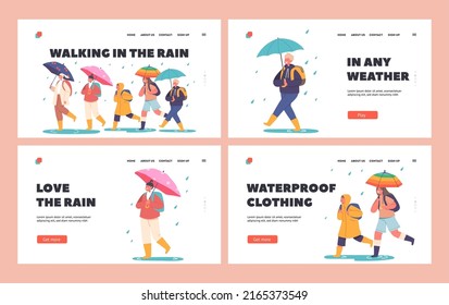 Happy Kids Walk under Umbrella Landing Page Template Set. Little Boys and Girls Characters in Waterproof Clothes Walking by Puddles at Rainy Weather to School. Cartoon People Vector Illustration