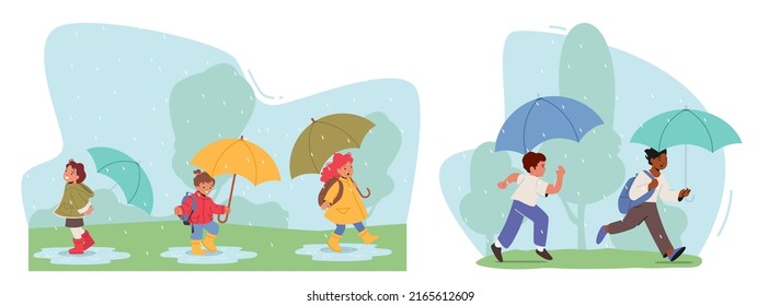 Happy Kids Walk under Umbrella, Little Boys and Girls Characters in Warm Clothes with Backpack Walking by Puddles at Rainy Weather to School. Childhood, Happiness. Cartoon People Vector Illustration