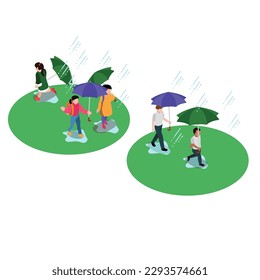 Happy Kids Walk under Umbrella 3d isometric vector illustration concept for banner, website, landing page, ads, flyer template