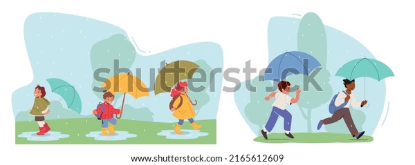 Happy Kids Walk Under Umbrella Little Stock Vector (Royalty Free ...