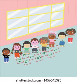 Happy kids walking in line school hallway. Vector
