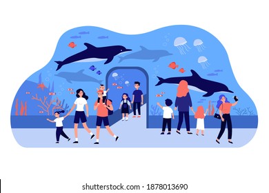 Happy kids walking in oceanarium flat vector illustration. Cartoon parents and children looking at underwater or ocean fishes. Aquarium, zoo, marine flora and sea animals concept