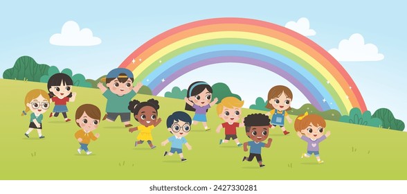 Happy Kids are walking on the park and rainbow background. Children's activities.