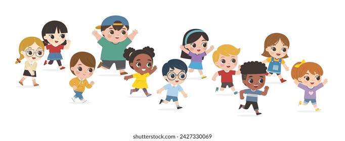 Happy Kids are walking on white background. Children's activities. Back to school.