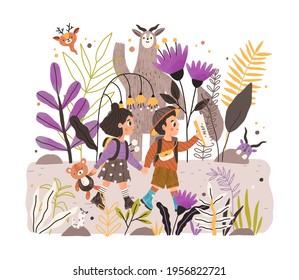 Happy kids walking together in fairy forest of wonderland. Boy and girl holding hands and hiking in fantastic nature. Colored flat vector illustration of whimsical woods isolated on white background